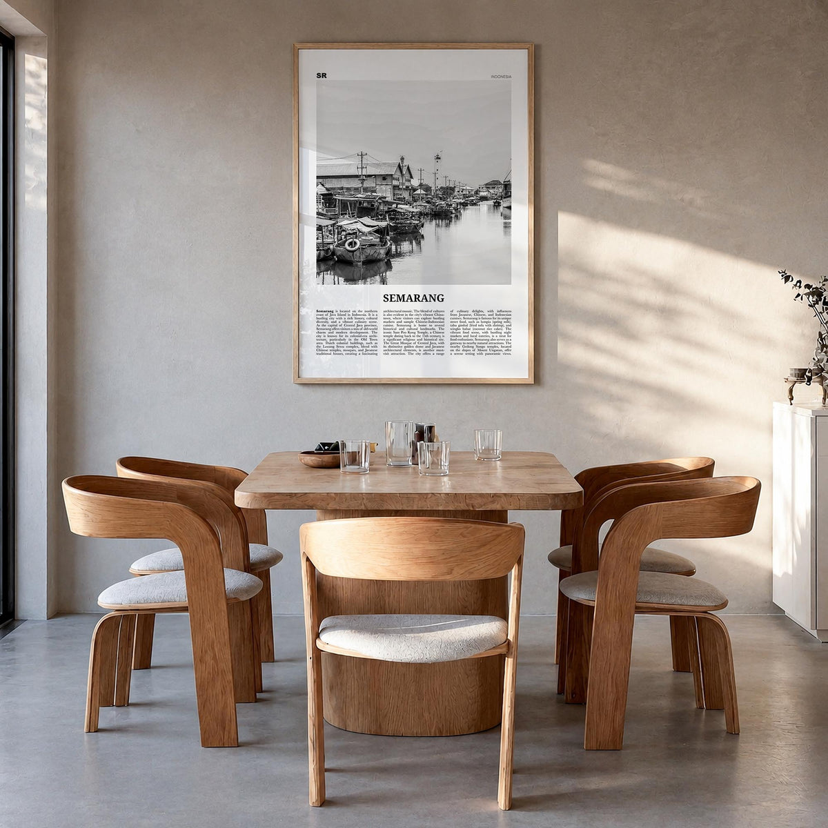 Semarang black & white newspaper poster of Indonesia – vertical wall art in natural wood frame, hanging on wall