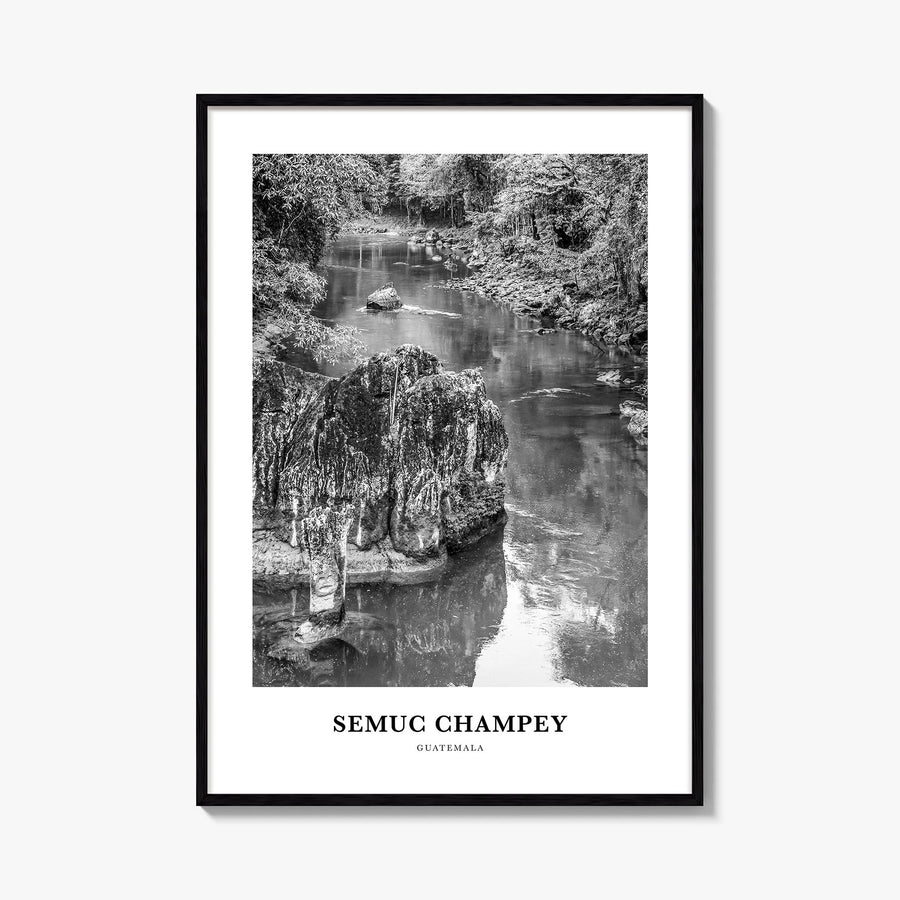 Semuc Champey black & white classic poster of Guatemala – vertical wall art, unframed print shown in interior mockup