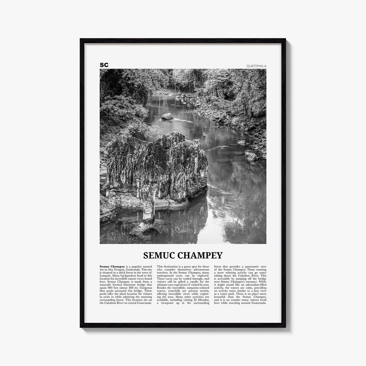Semuc Champey black & white newspaper poster of Guatemala – vertical wall art, unframed print shown in interior mockup