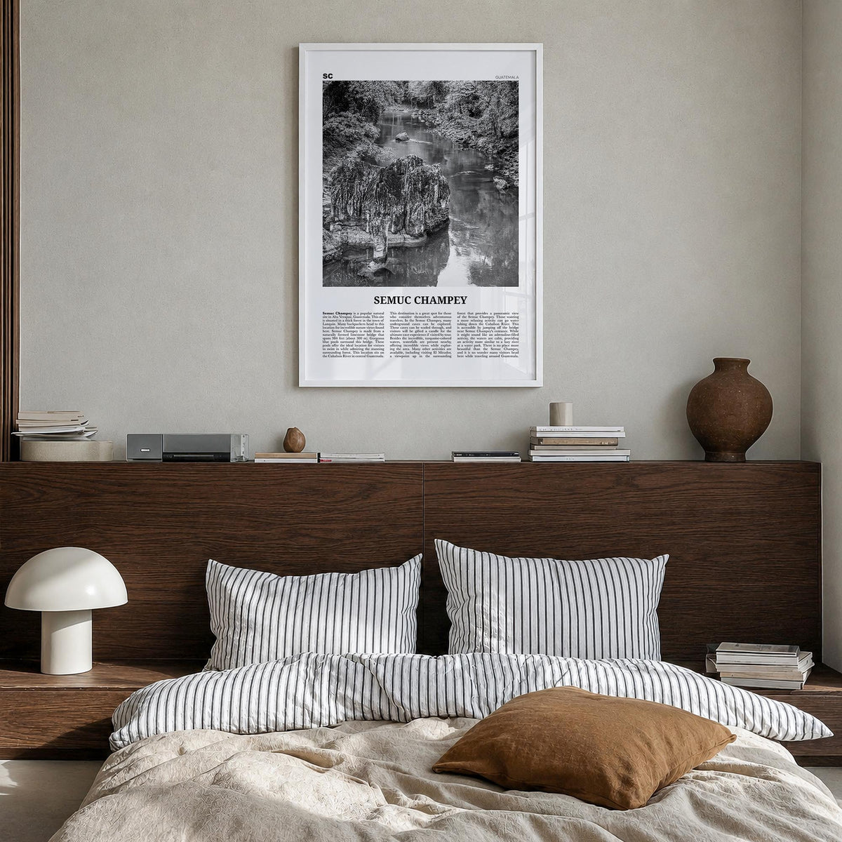Semuc Champey black & white newspaper poster of Guatemala – vertical wall art in white wood frame, hanging on wall