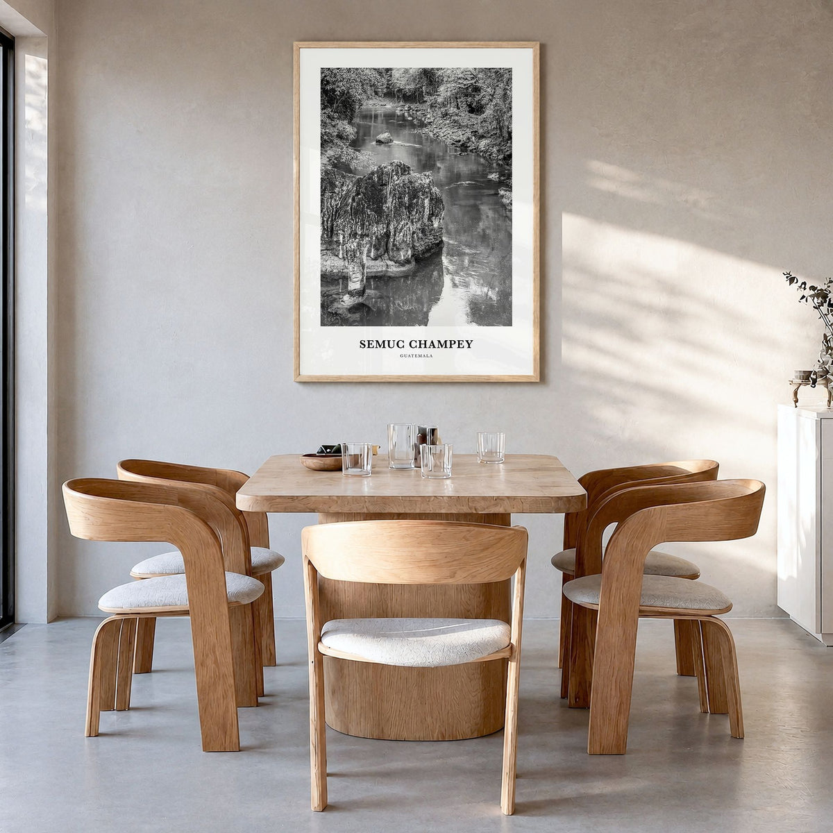 Semuc Champey Classic Poster in a natural wood frame, hanging in a dining room