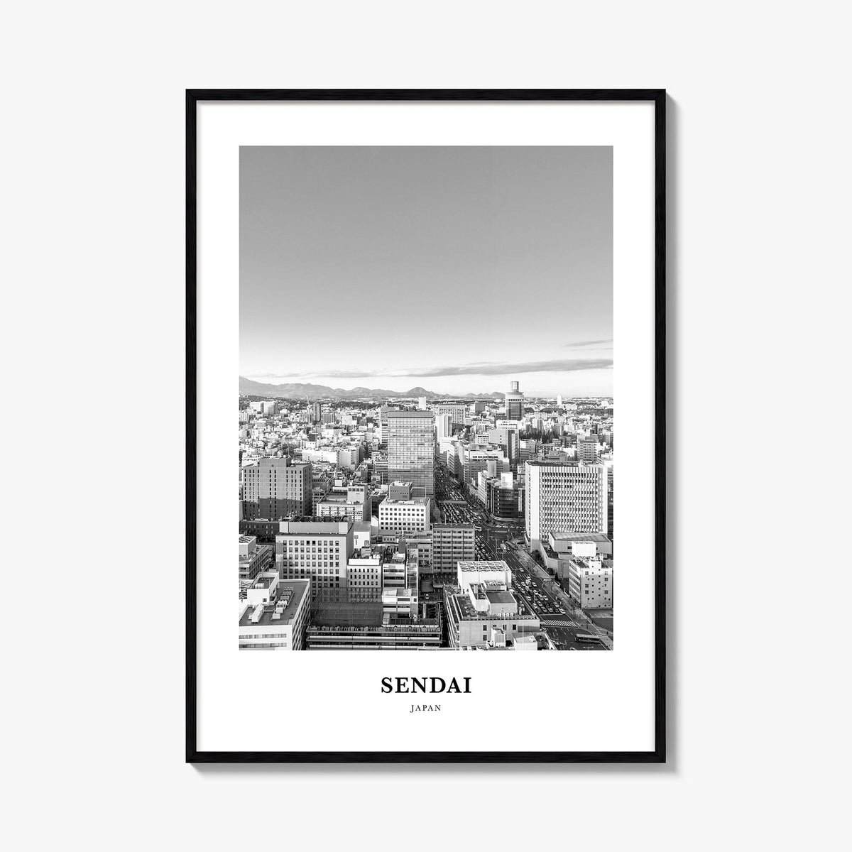 Sendai black & white classic poster of Japan – vertical wall art, unframed print shown in interior mockup