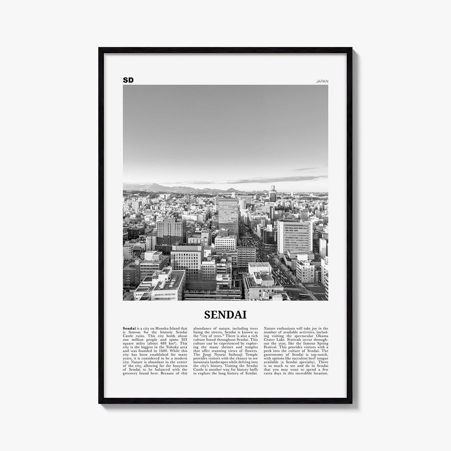 Sendai black & white newspaper poster of Japan – vertical wall art, unframed print shown in interior mockup