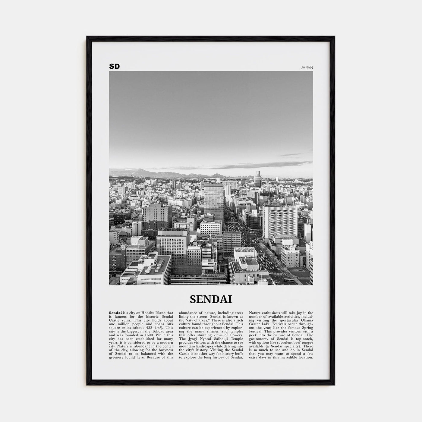 Sendai Poster Black Wood / 8x12 in Nbourhood Travel B&W Poster