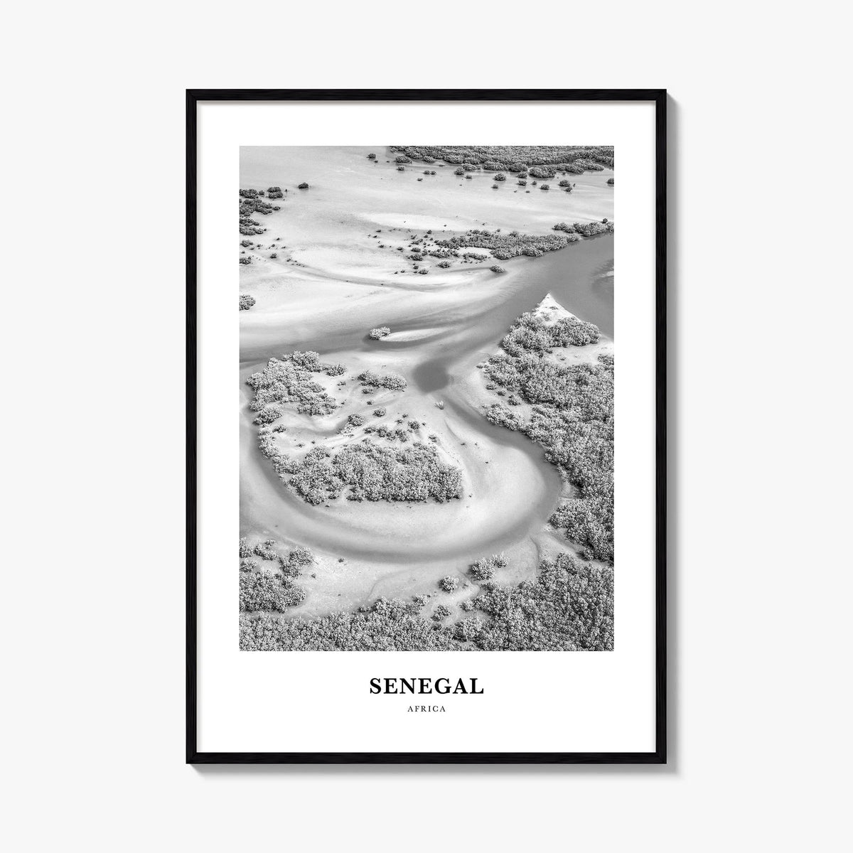 Senegal black & white classic poster of Africa – vertical wall art, unframed print shown in interior mockup