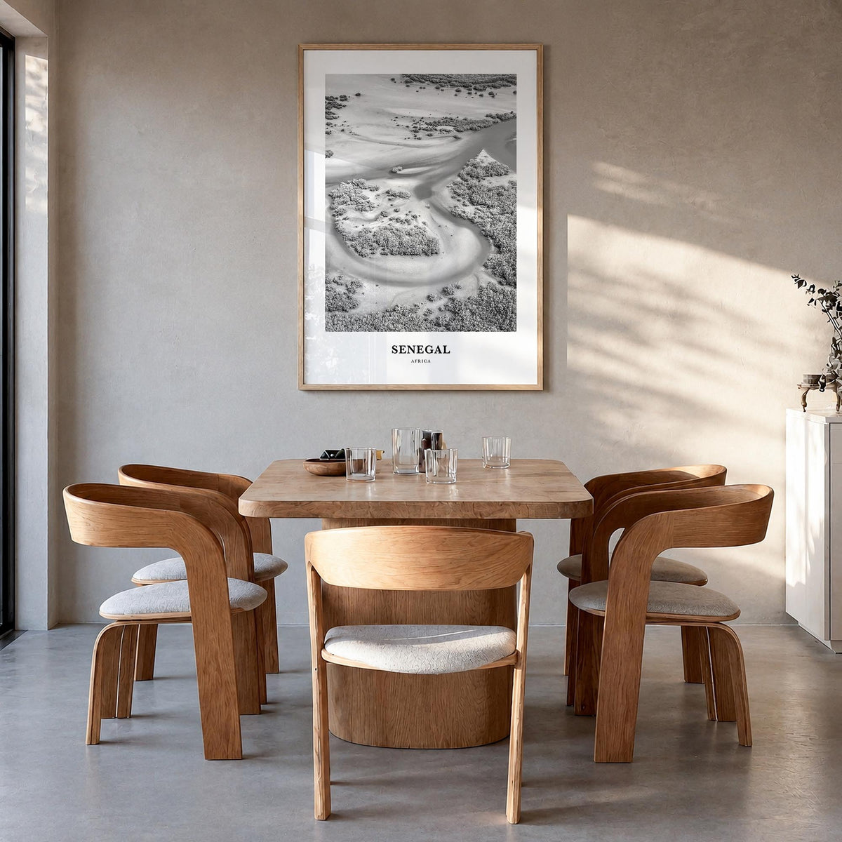 Senegal black & white classic poster of Africa – vertical wall art in natural wood frame, hanging on wall