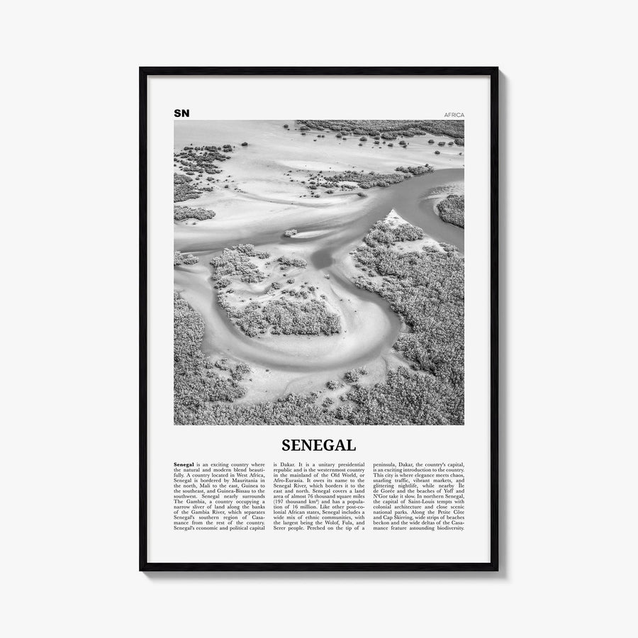 Senegal black & white newspaper poster of Africa – vertical wall art, unframed print shown in interior mockup
