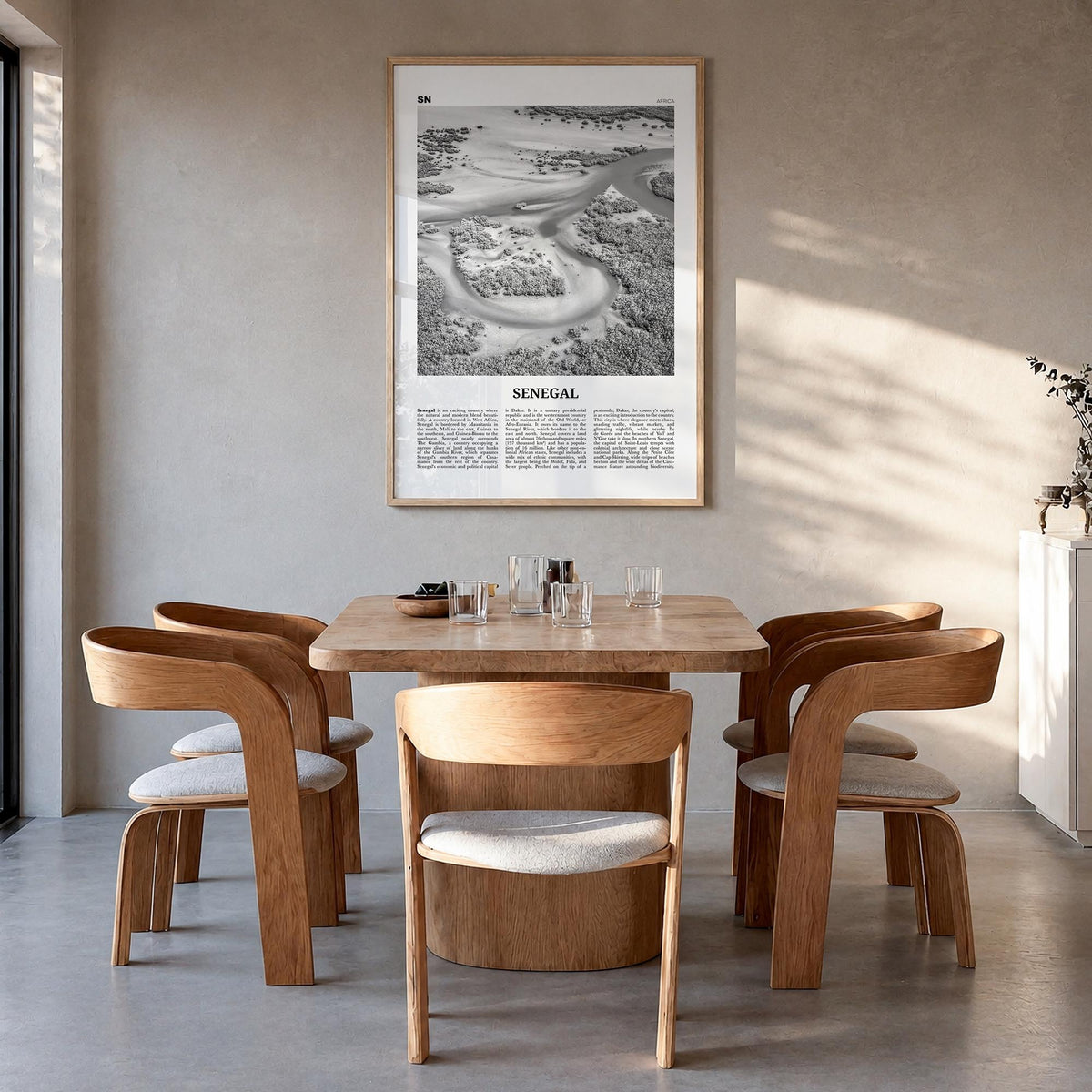 Senegal black & white newspaper poster of Africa – vertical wall art in natural wood frame, hanging on wall