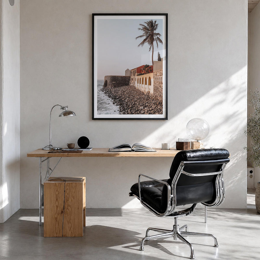 Senegal colorful photo poster of Africa – vertical wall art in black wood frame with white border, hanging on wall