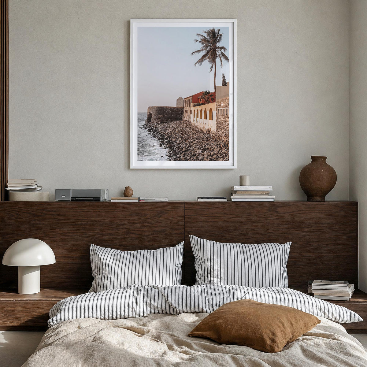 Senegal colorful photo poster of Africa – vertical wall art in white wood frame with white border, hanging on wall