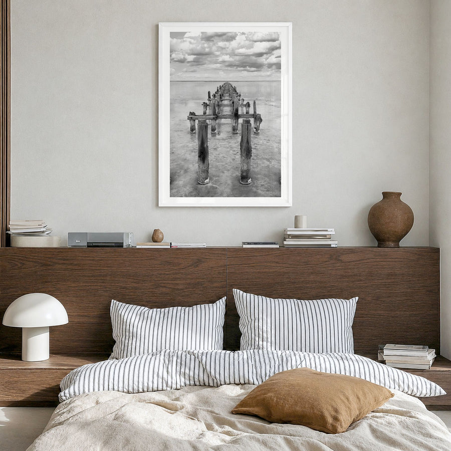 Senegal Photo Poster in a white wood frame, hanging in a bedroom, white border