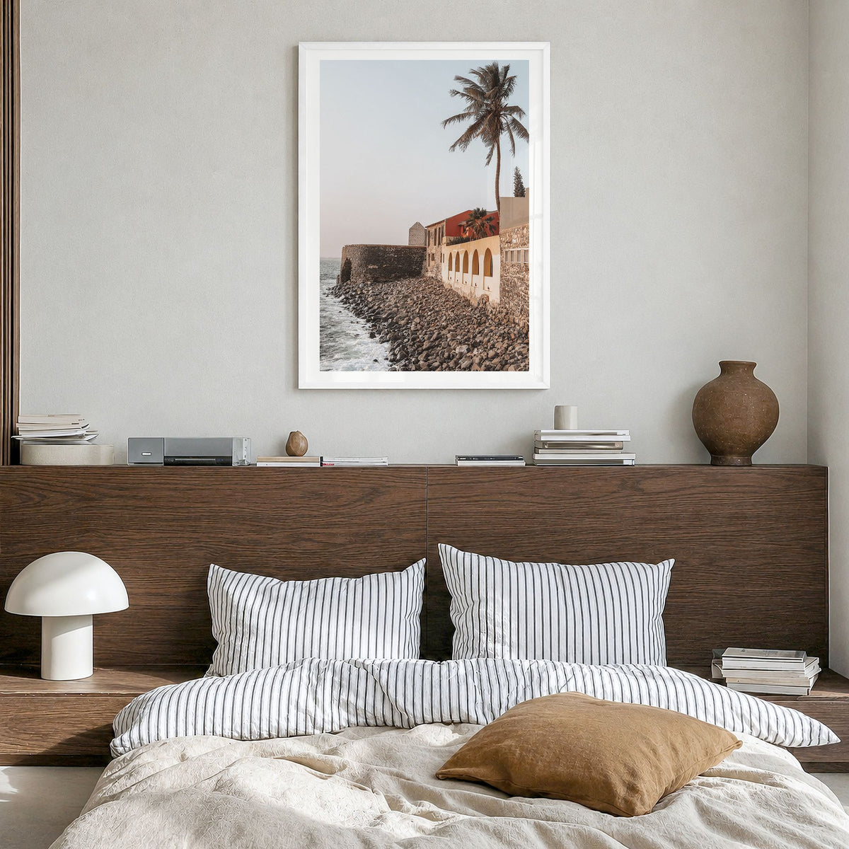 Senegal Photo Poster in a white wood frame, hanging in a bedroom, white border