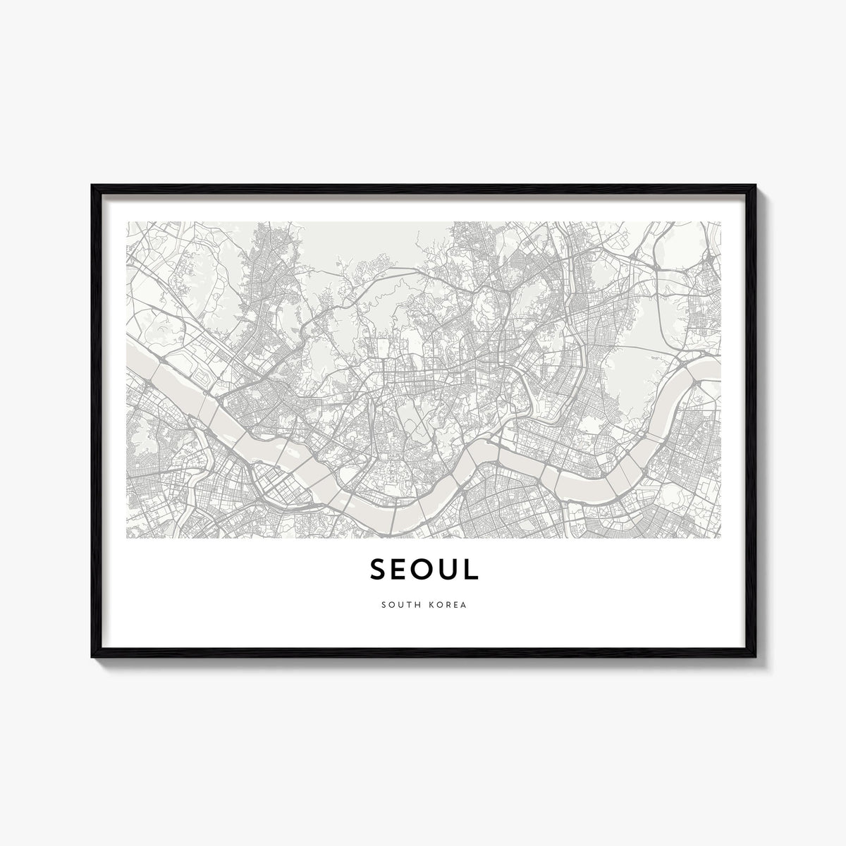 Seoul black & white map poster of South Korea – horizontal wall art, unframed print shown in interior mockup