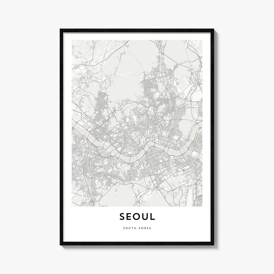 Seoul black & white map poster of South Korea – vertical wall art, unframed print shown in interior mockup