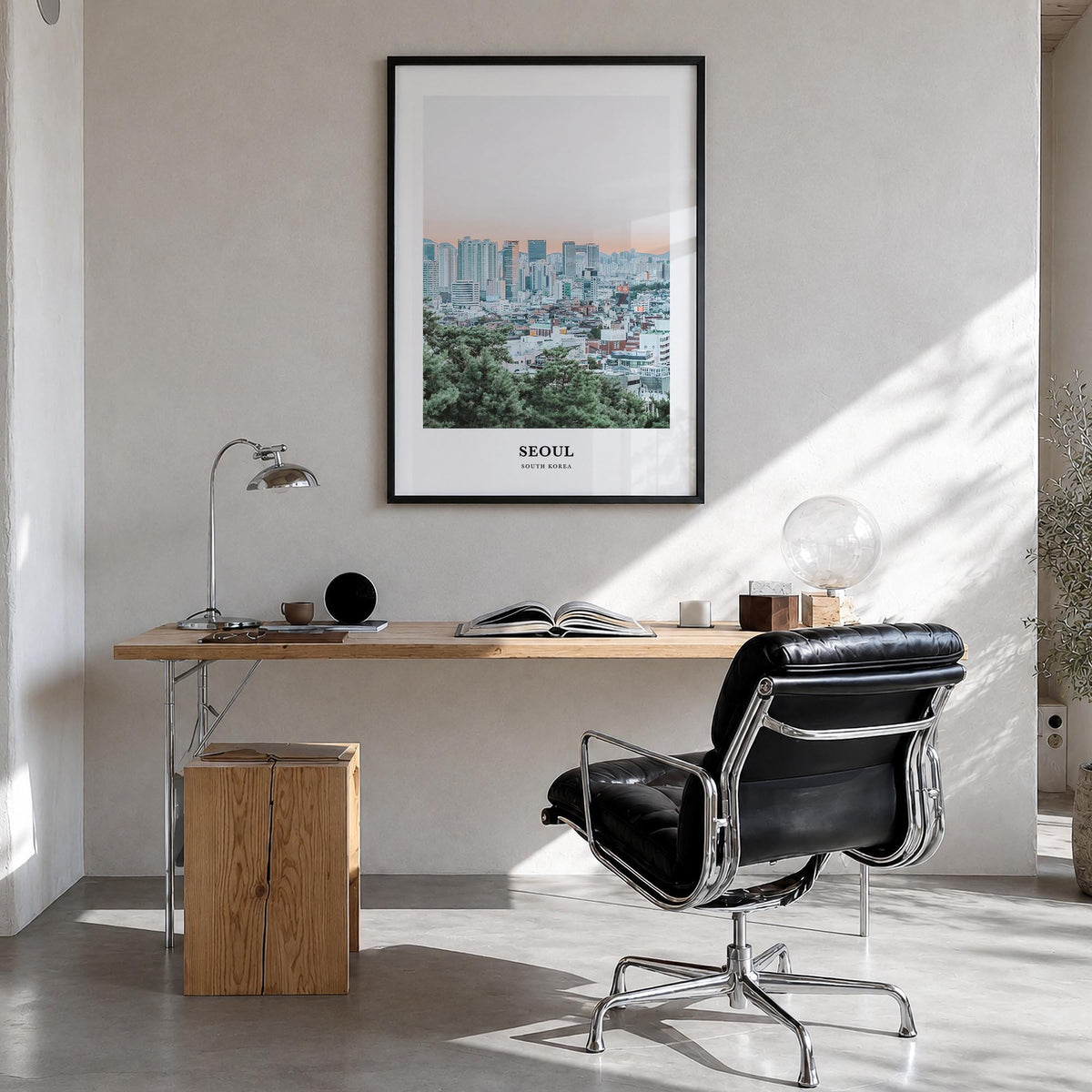 Seoul colorful classic poster of South Korea – vertical wall art in black wood frame, hanging on wall