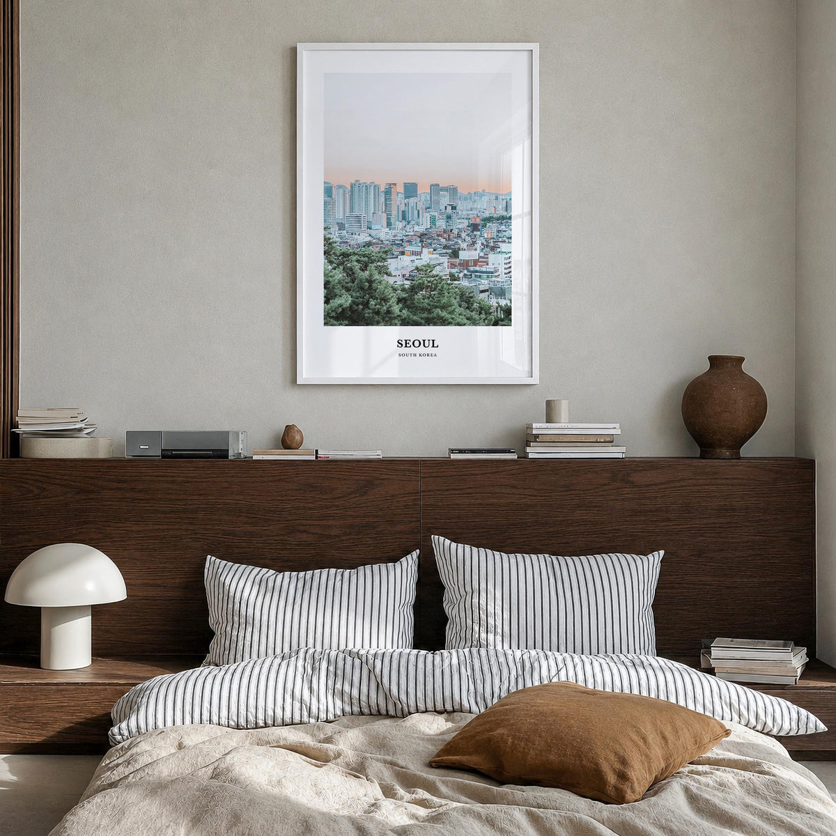 Seoul colorful classic poster of South Korea – vertical wall art in white wood frame, hanging on wall