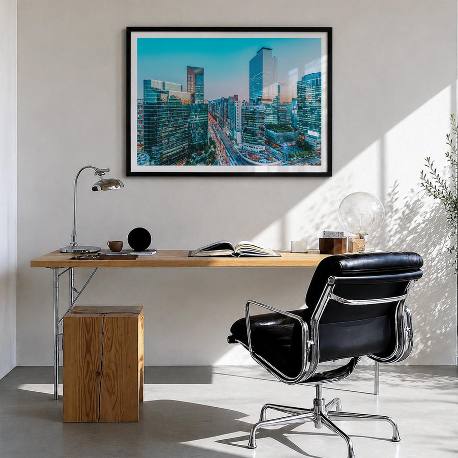 Seoul colorful photo poster of South Korea – horizontal wall art in black wood frame with white border, hanging on wall