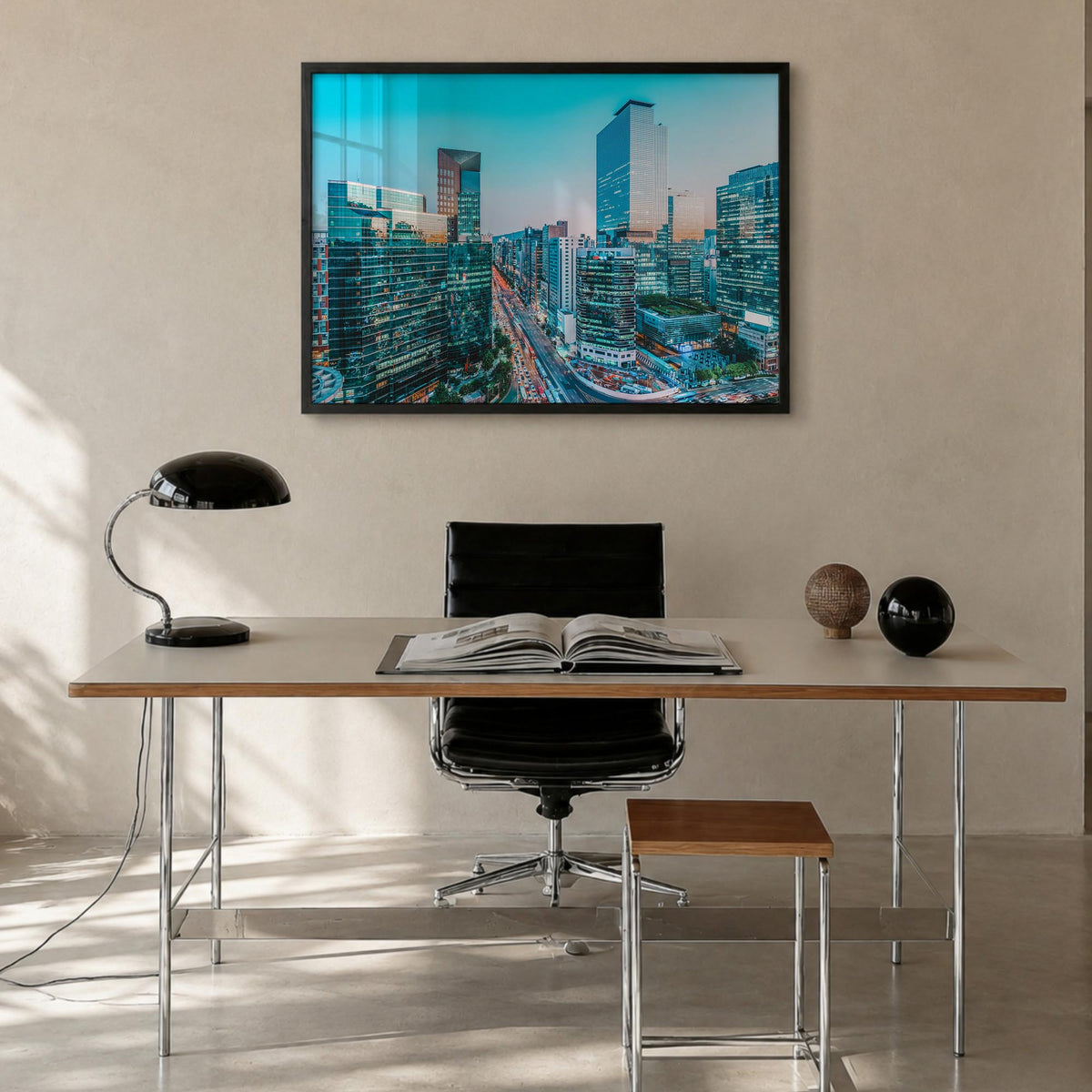 Seoul colorful photo poster of South Korea – horizontal wall art in black wood frame, hanging on wall