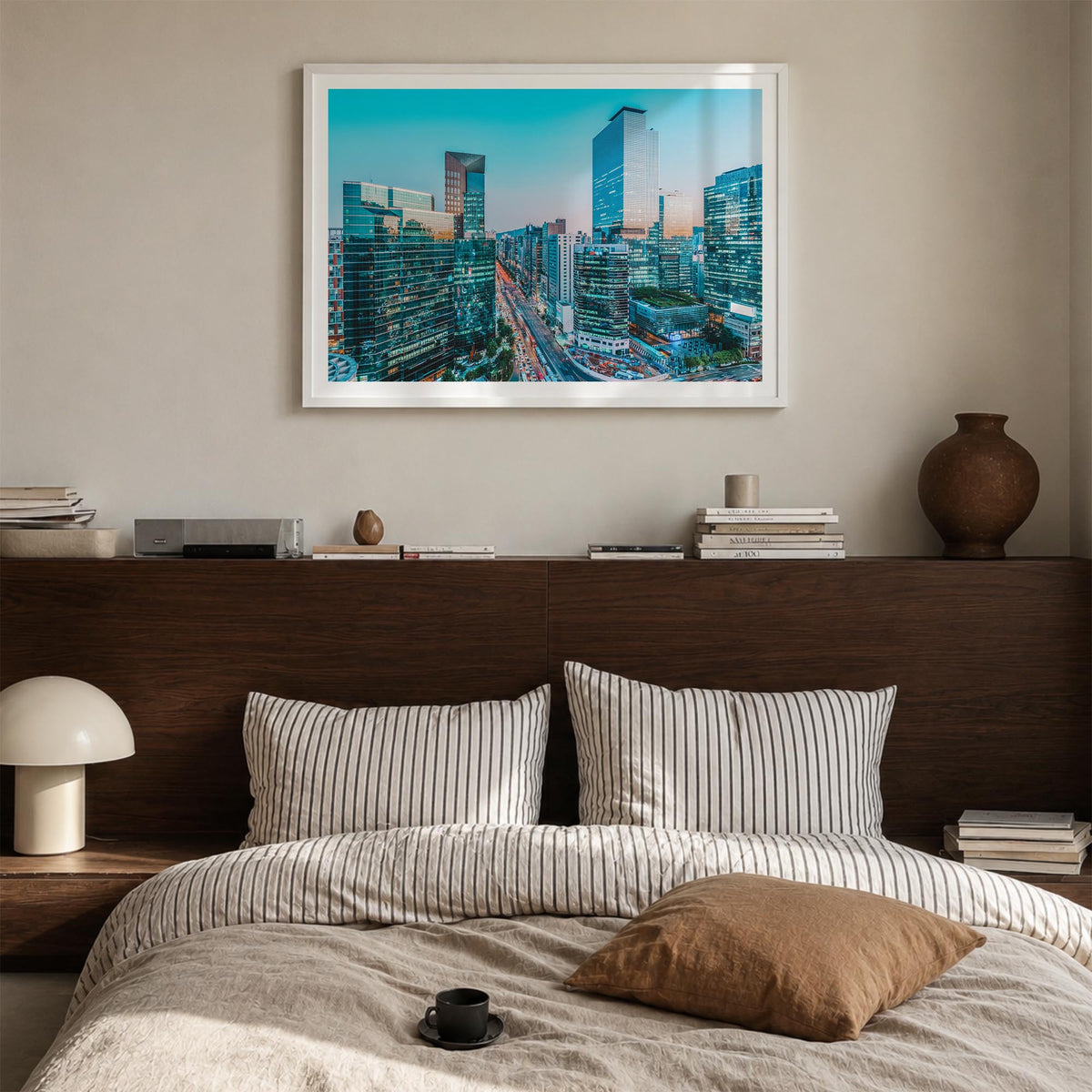 Seoul colorful photo poster of South Korea – horizontal wall art in white wood frame with white border, hanging on wall
