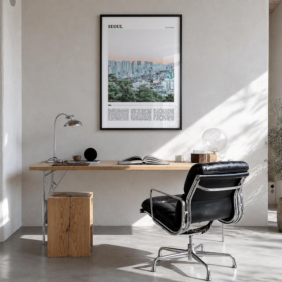 Seoul colorful travel poster of South Korea – vertical wall art in black wood frame, hanging on wall