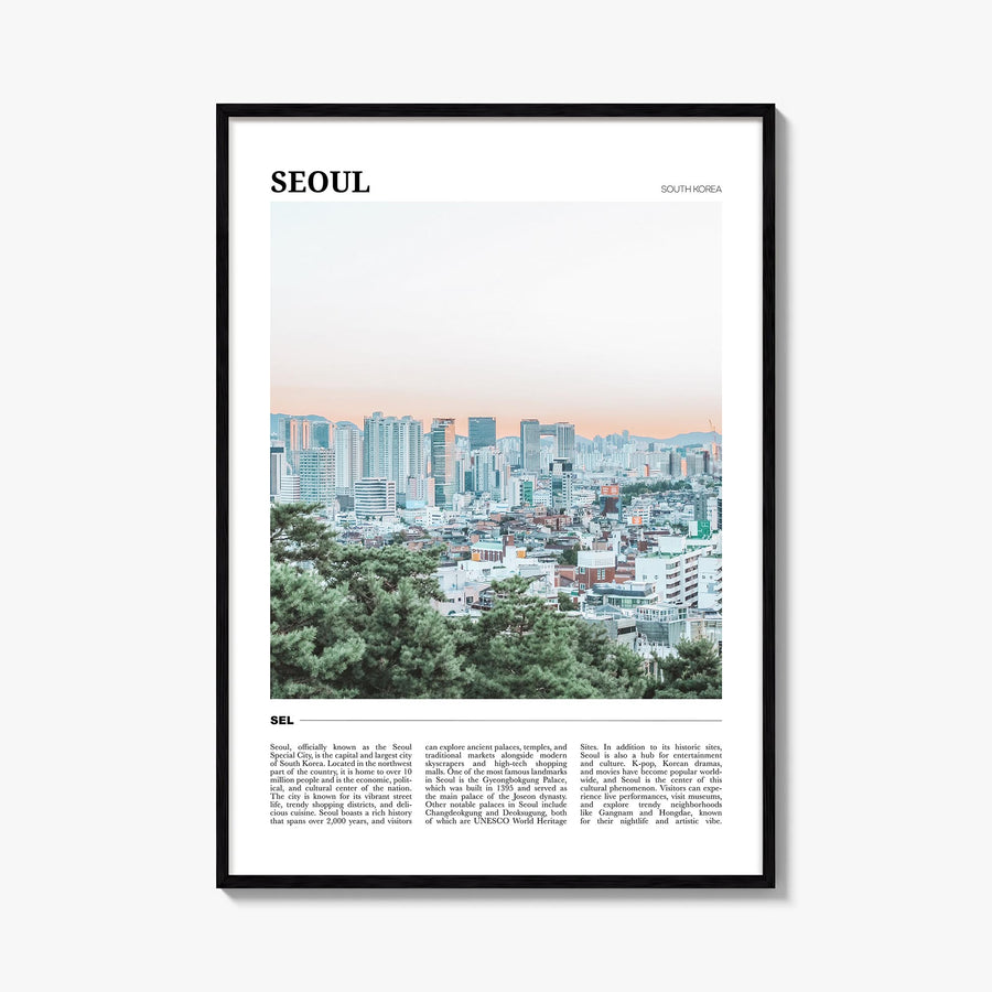 Seoul colorful travel poster of South Korea – vertical wall art, unframed print shown in interior mockup