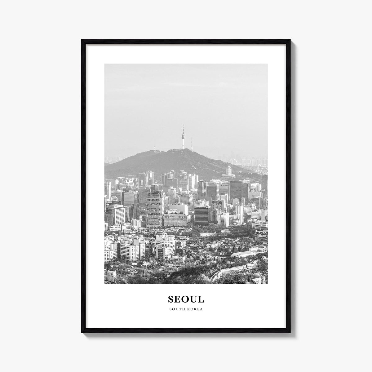 Seoul no. 1 black & white classic poster of South Korea – vertical wall art, unframed print shown in interior mockup