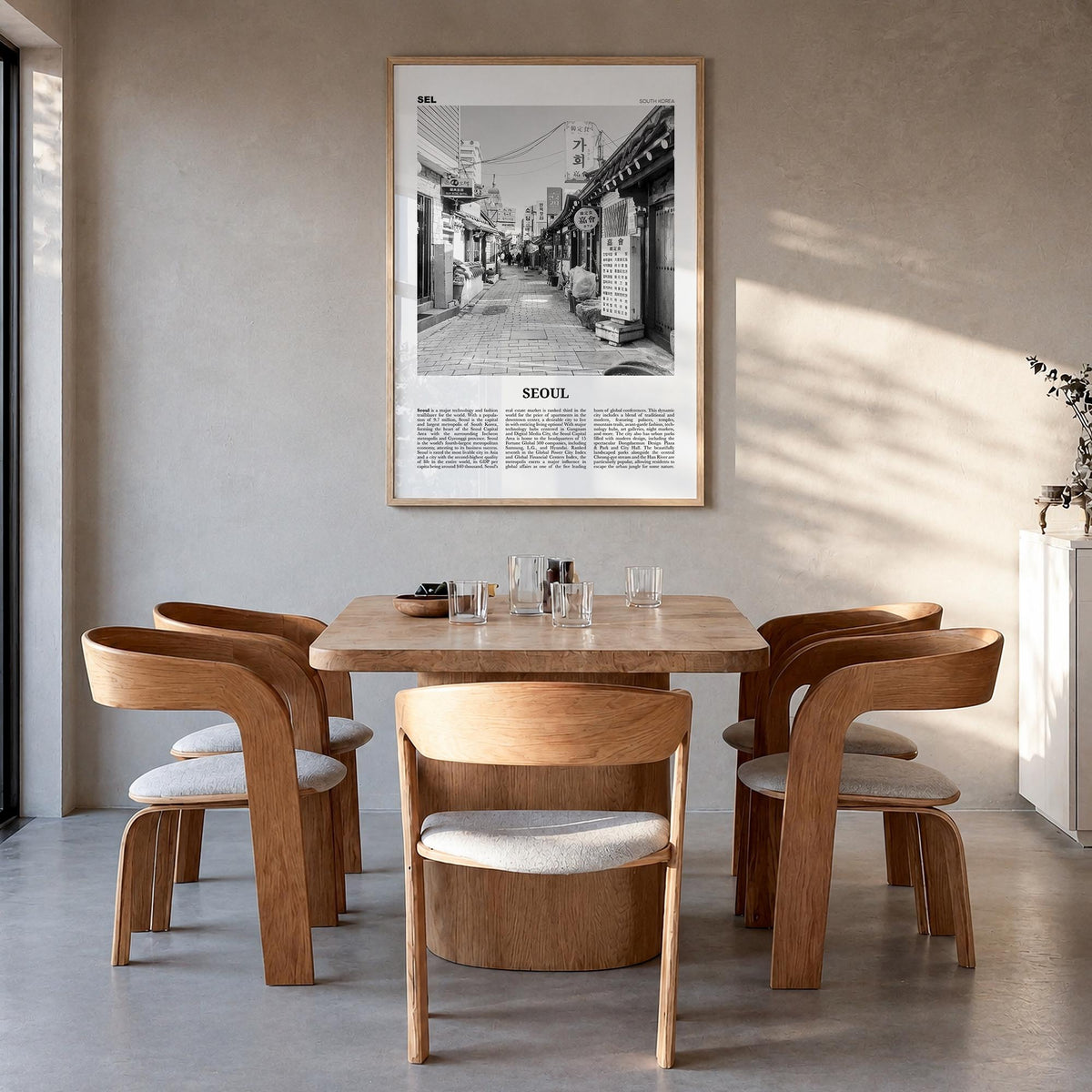 Seoul no. 1 black & white newspaper poster of South Korea – vertical wall art in natural wood frame, hanging on wall