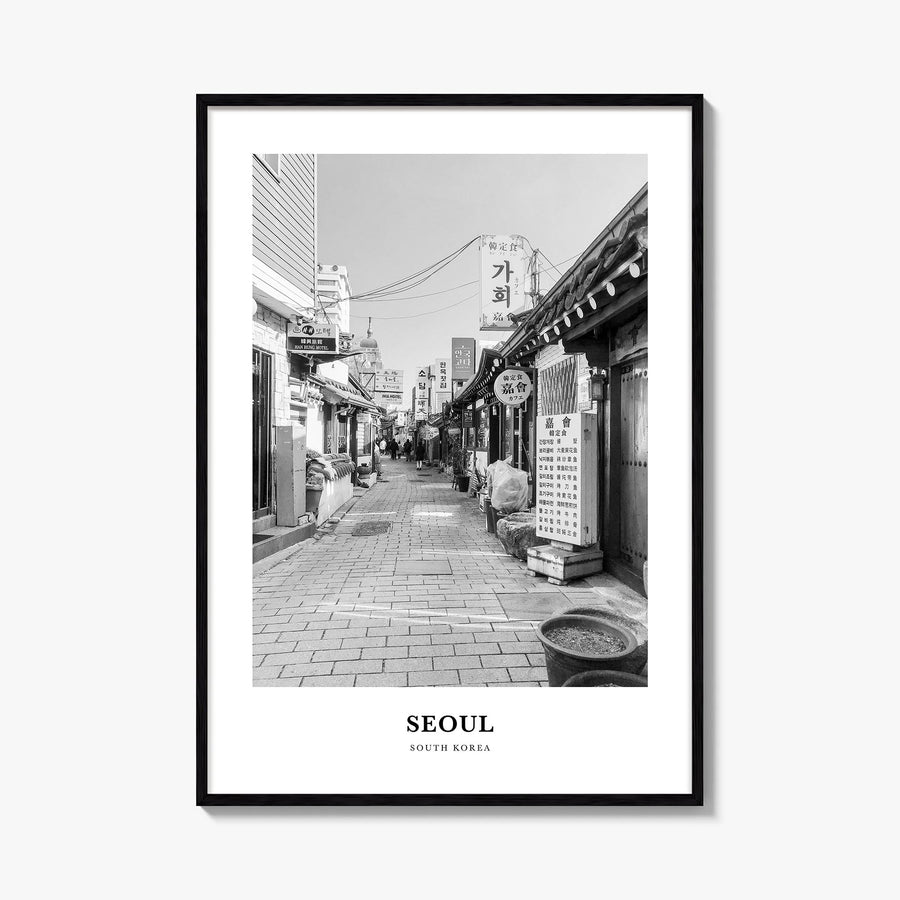 Seoul no. 2 black & white classic poster of South Korea – vertical wall art, unframed print shown in interior mockup
