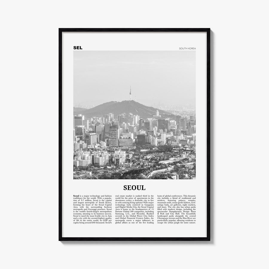 Seoul no. 2 black & white newspaper poster of South Korea – vertical wall art, unframed print shown in interior mockup