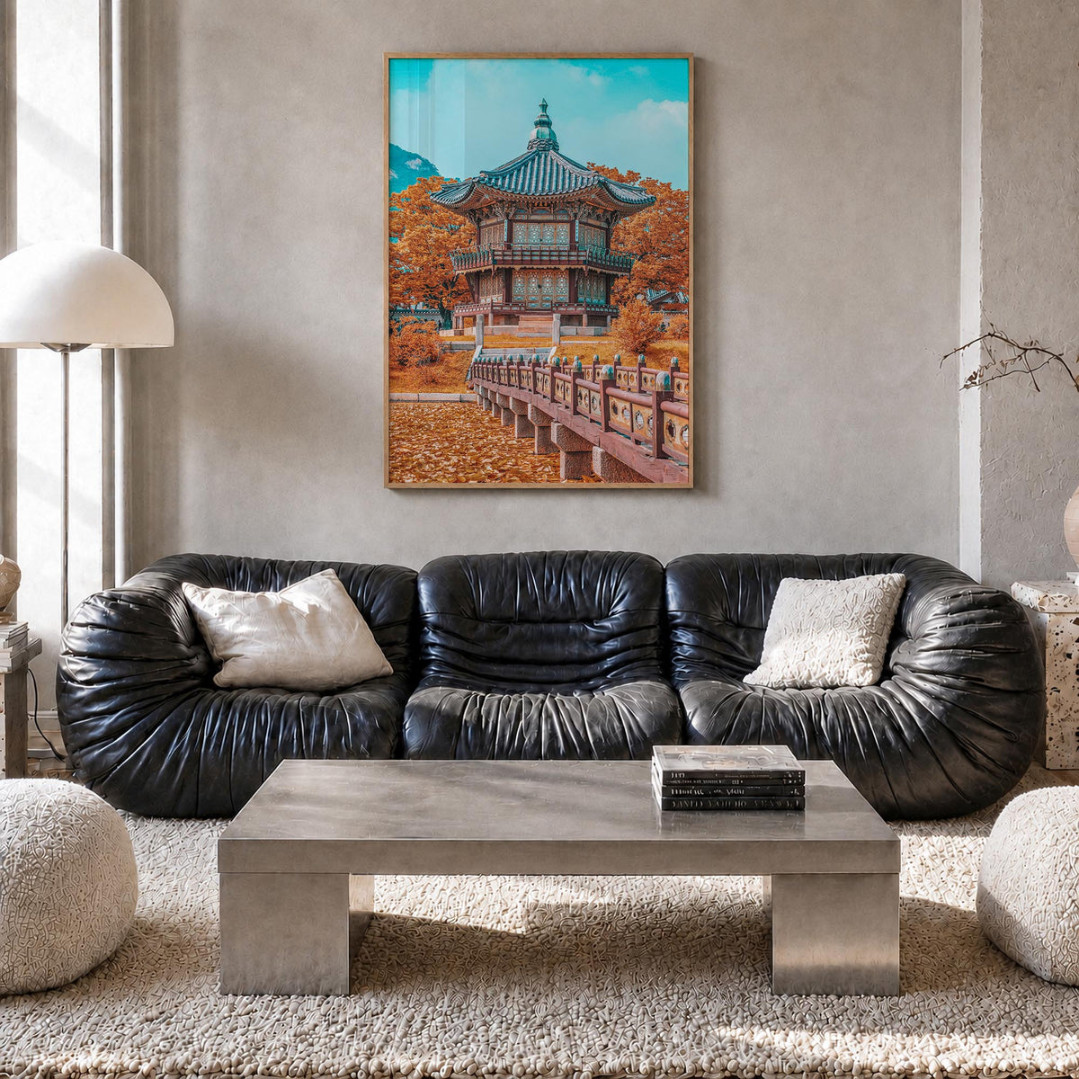 Seoul no. 2 colorful photo poster of South Korea – vertical wall art in natural wood frame, hanging on wall