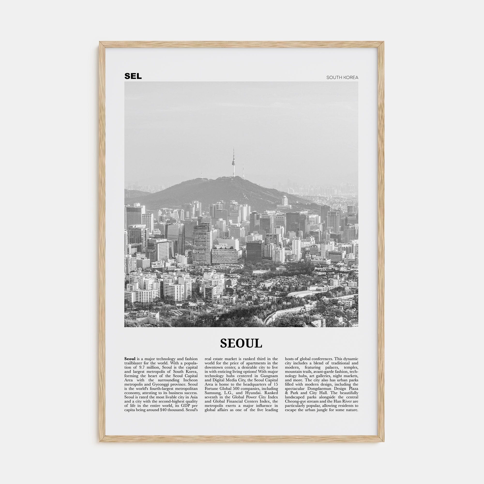 Seoul No 2 Poster Natural Wood / 8x12 in Nbourhood Travel B&W Poster