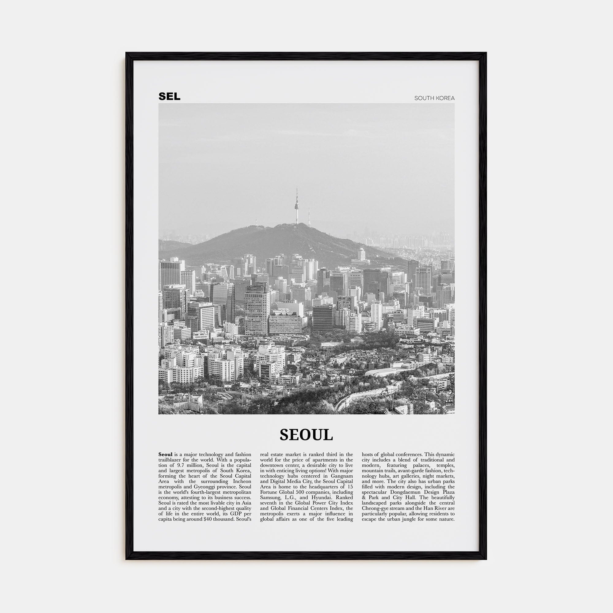 Seoul No 2 Poster Black Wood / 8x12 in Nbourhood Travel B&W Poster