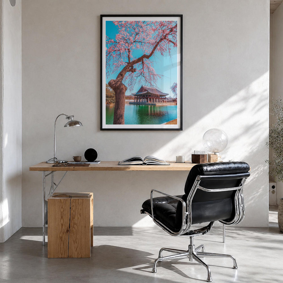 Seoul no. 3 colorful photo poster of South Korea – vertical wall art in black wood frame with white border, hanging on wall