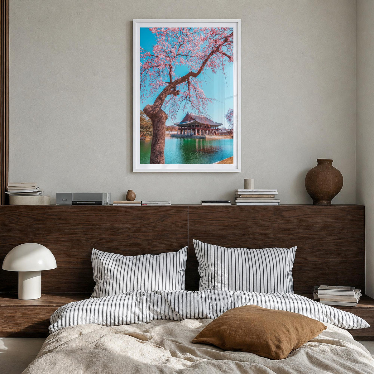 Seoul no. 3 colorful photo poster of South Korea – vertical wall art in white wood frame with white border, hanging on wall