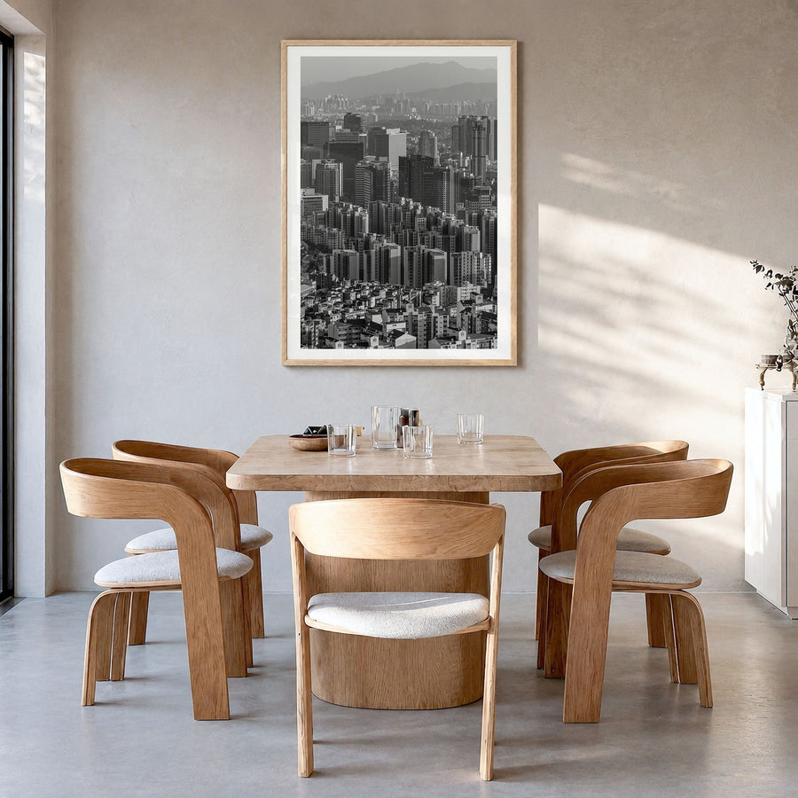 Seoul Photo No 1 Poster in a natural wood frame, hanging in a dining room, white border