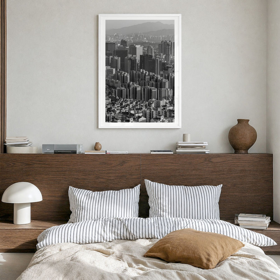 Seoul Photo No 1 Poster in a white wood frame, hanging in a bedroom, white border