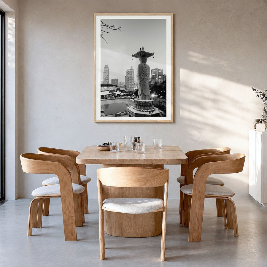 Seoul Photo No 2 Poster in a natural wood frame, hanging in a dining room, white border