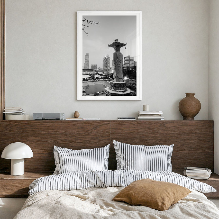 Seoul Photo No 2 Poster in a white wood frame, hanging in a bedroom, white border