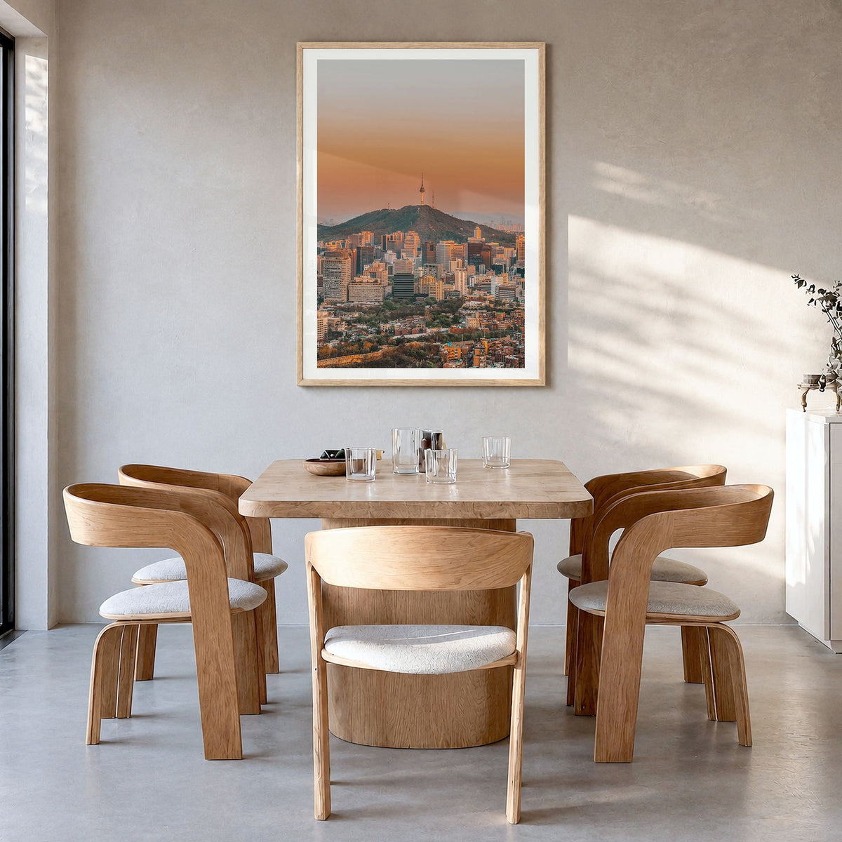 Seoul Photo No 1 Poster in a natural wood frame, hanging in a dining room, white border