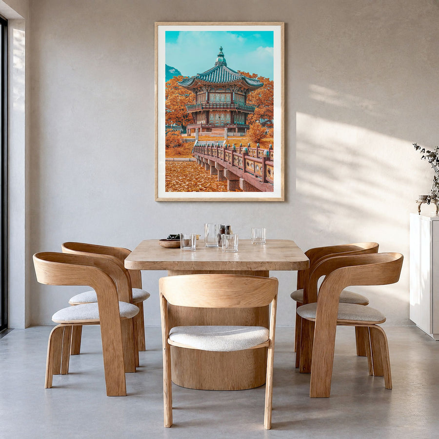 Seoul Photo No 2 Poster in a natural wood frame, hanging in a dining room, white border