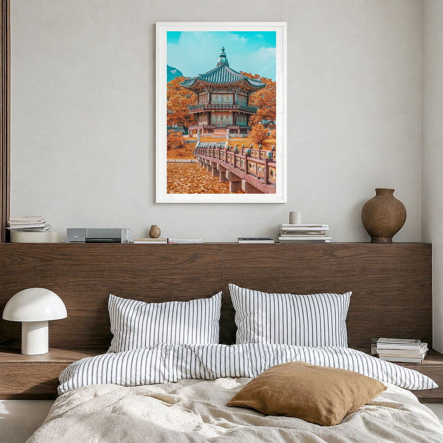 Seoul Photo No 2 Poster in a white wood frame, hanging in a bedroom, white border