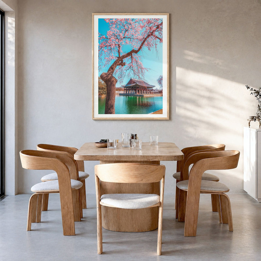 Seoul Photo No 3 Poster in a natural wood frame, hanging in a dining room, white border
