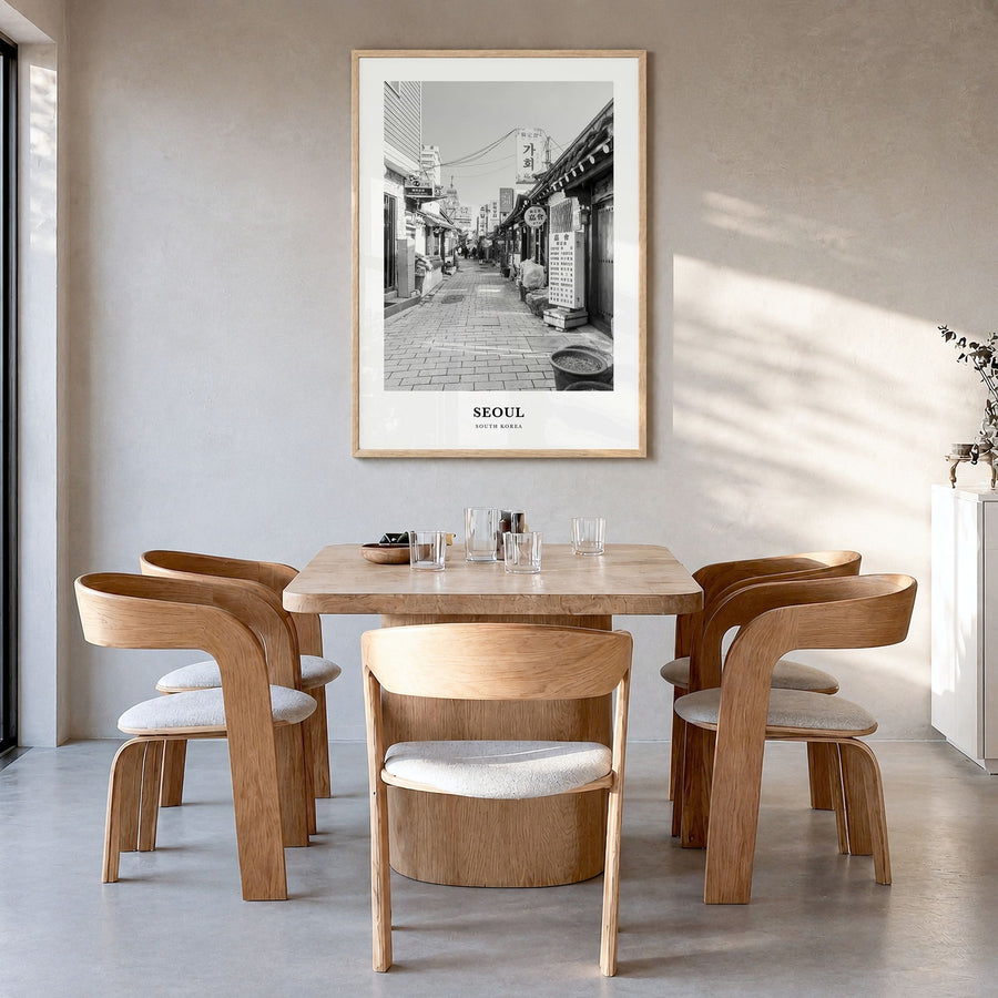 Seoul Classic No 2 Poster in a natural wood frame, hanging in a dining room