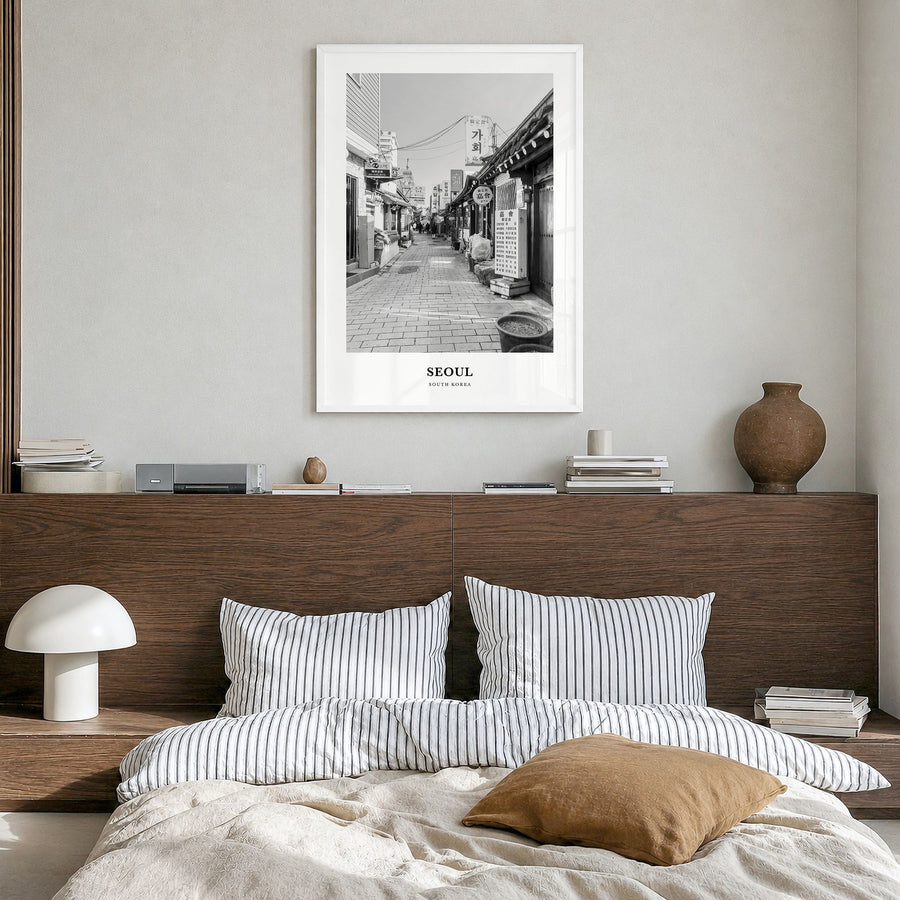 Seoul Classic No 2 Poster in a white wood frame, hanging in a bedroom