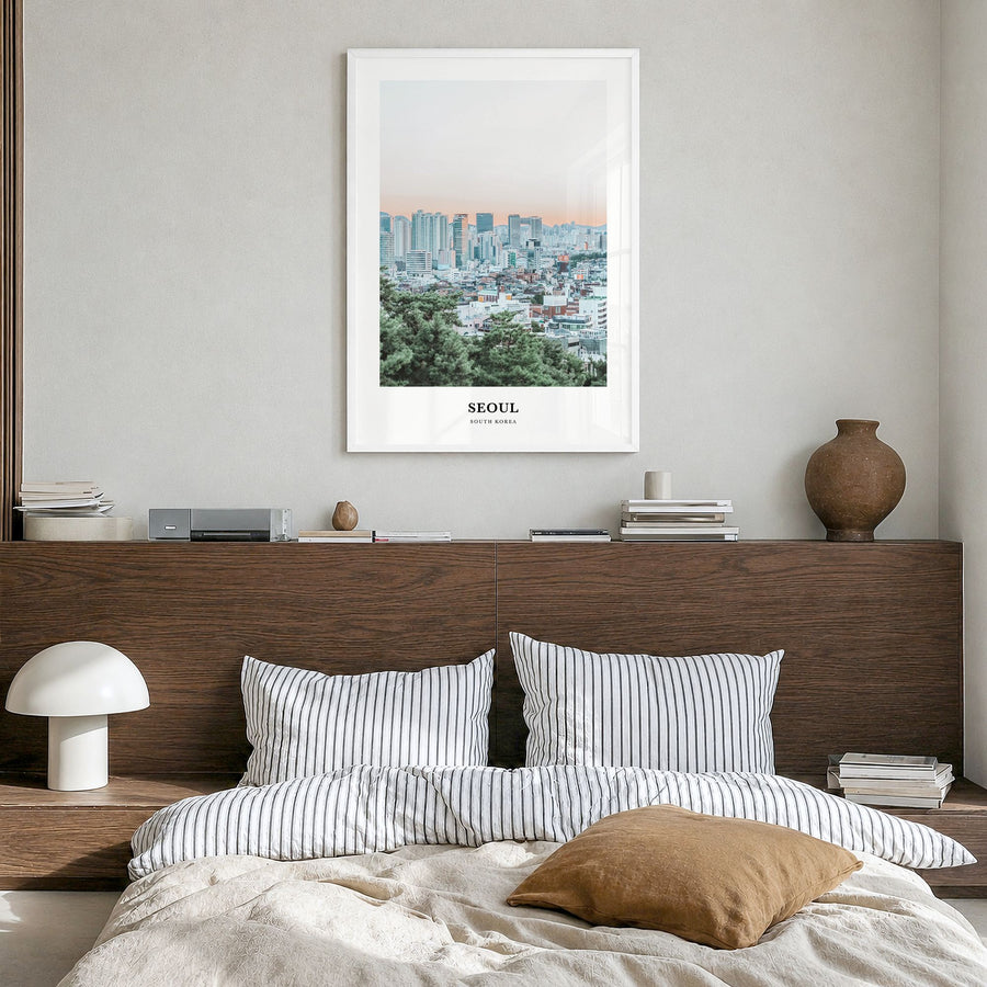 Seoul Classic Poster in a white wood frame, hanging in a bedroom