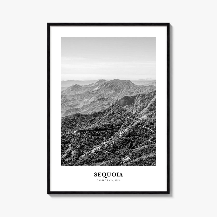 Sequoia National Park black & white classic poster of California, USA – vertical wall art, unframed print shown in interior m