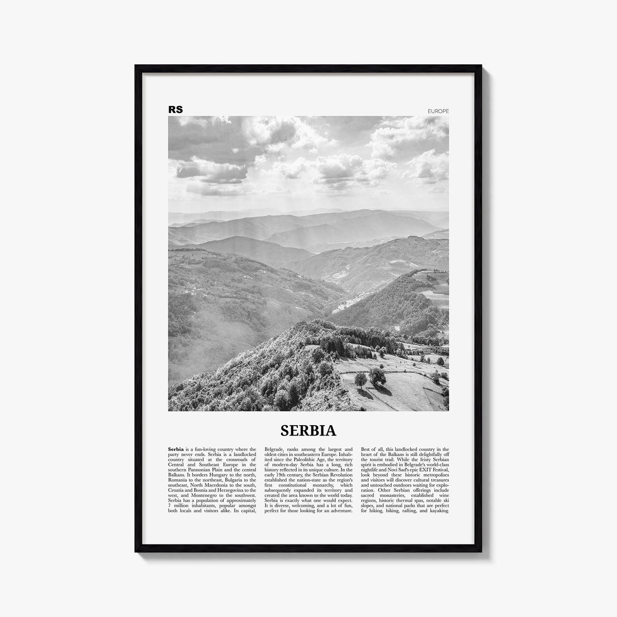 Serbia black & white newspaper poster of Europe – vertical wall art, unframed print shown in interior mockup