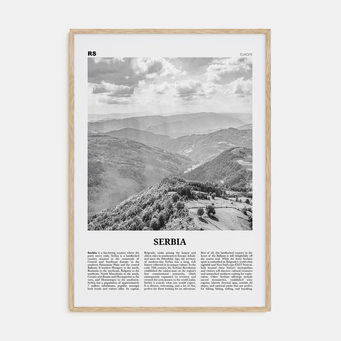 Serbia Poster Natural Wood / 8x12 in Nbourhood Travel B&W Poster