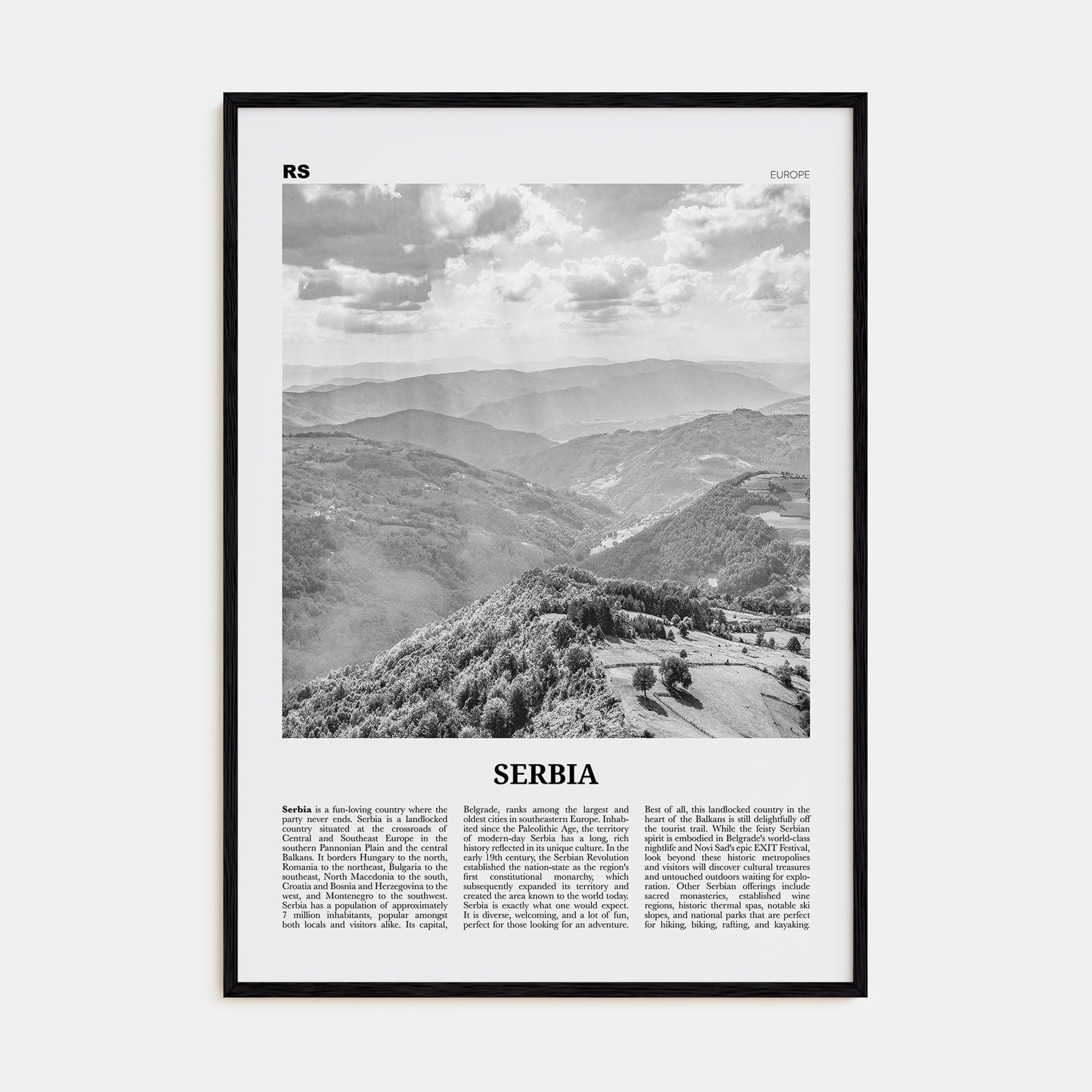 Serbia Poster Black Wood / 8x12 in Nbourhood Travel B&W Poster