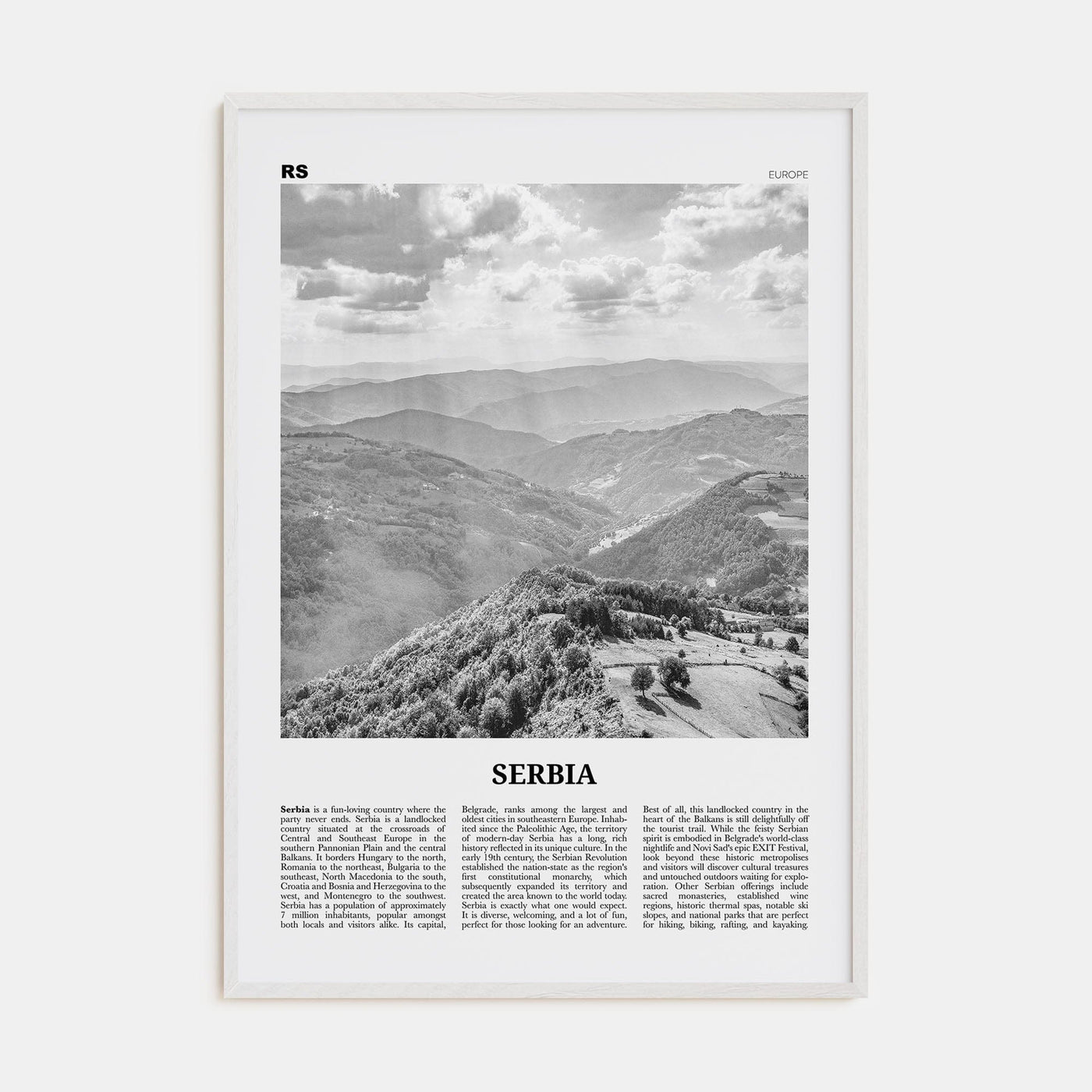 Serbia Poster White Wood / 8x12 in Nbourhood Travel B&W Poster